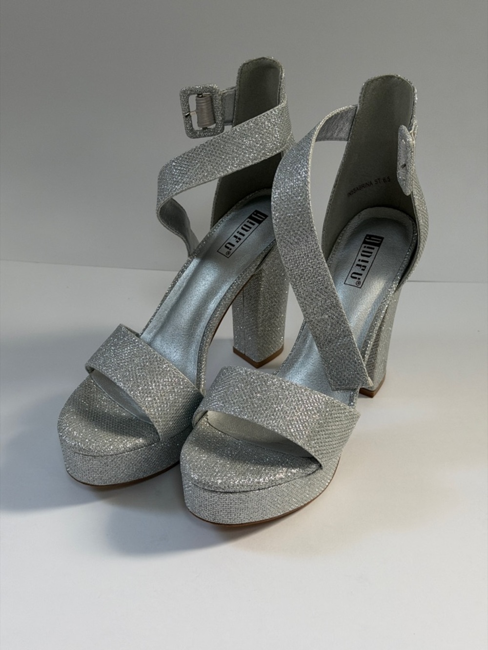 Silver Glitter Platform Heels Ankle Strap | Prom Wedding Party Shoes